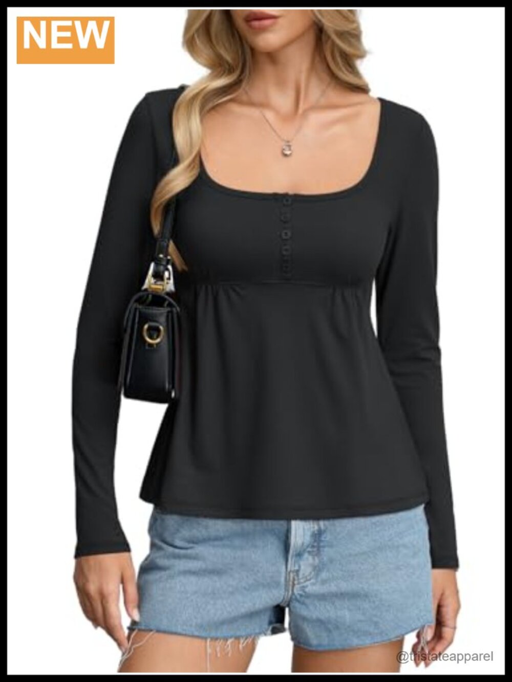Womens Long Sleeve Peplum Babydoll Square Neck Henley Top